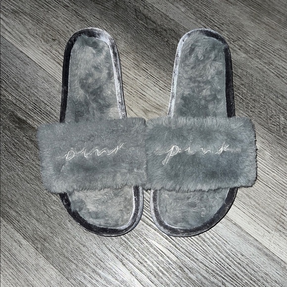 Pink Victoria Secret Gray Fur Slides - Picture 1 of 1